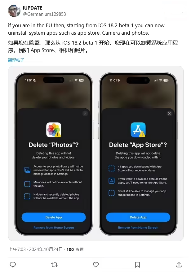 三沙苹果手机维修分享iOS 18.2 支持删除 App Store 应用商店 