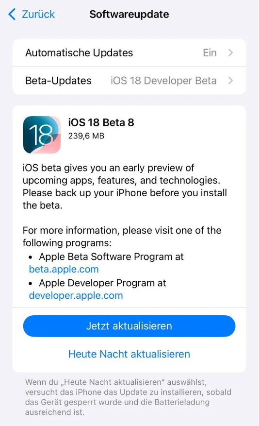 三沙苹果手机维修分享苹果 iOS / iPadOS 18 开发者预览版 Beta 8 发布 